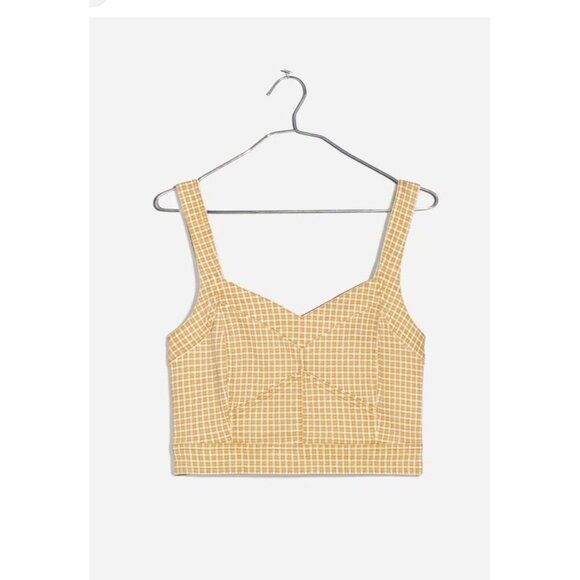 Madewell Women's Gold Mini Check Denim Supercrop Tank Top Sweetheart Neck Sz 12 - Picture 3 of 10